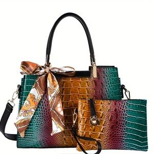 NWOT~ Elegant Two Piece Set: Retro Crocodile Embossed Tote and Crossbody Bag